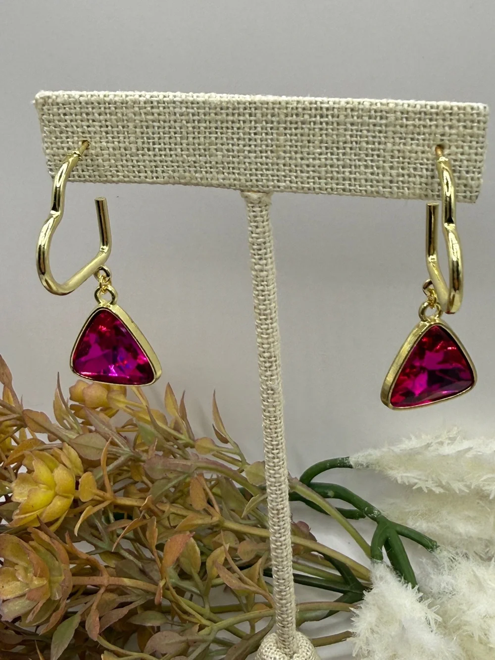 Fuchsia Trillion-Cut Crystal Heart Hoop Drop Earrings